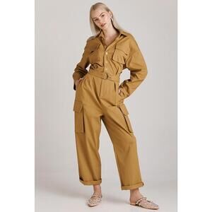 The Frankie Shop Women’s Brown Linda Cargo Utility Faux Leather‎ Jumpsuit Sz S